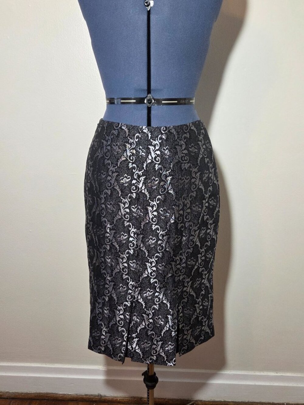 Silk Blend Black Metallic Floral Pleated Midi Skirt